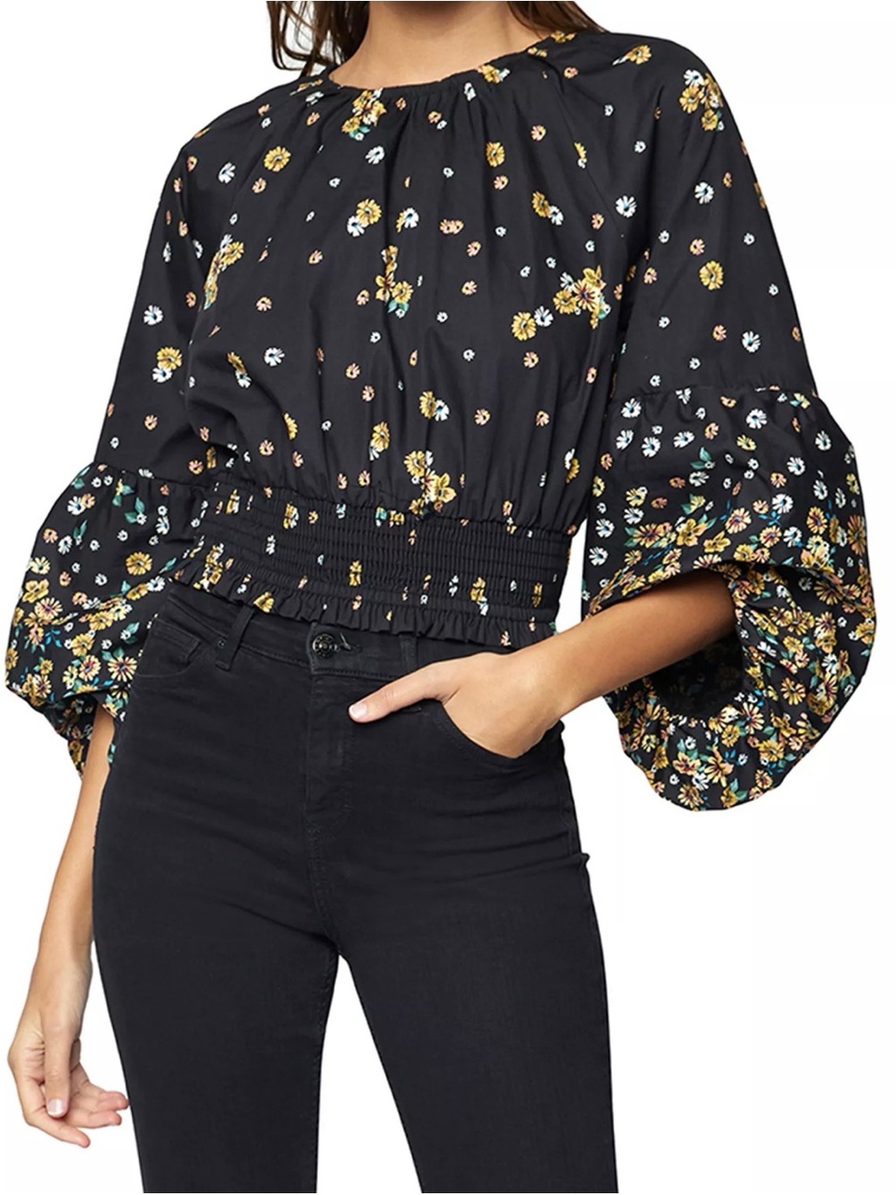 Lost + Wander Field of Dreams Floral Blouse Medium Cotton Smocked Balloon Sleeve